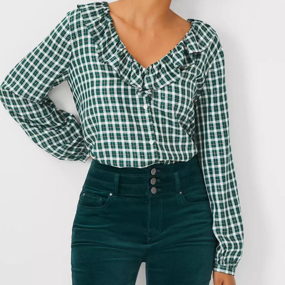 NWT - Ann Taylor Plaid Ruffle V-Neck Top